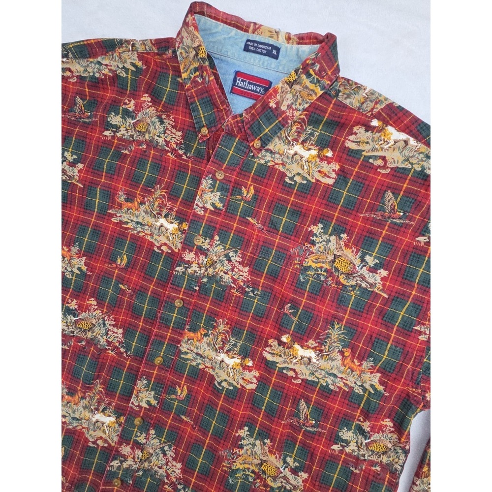 Vtg 90s Twill Plaid Pheasant Hunting Dogs Print Button Down Shirt Mens XL